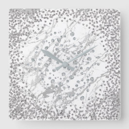Silver Grey Diamond Crystals Marble White Strokes Vierkante Klok