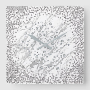 Silver Grey Diamond Crystals Marble White Strokes Vierkante Klok