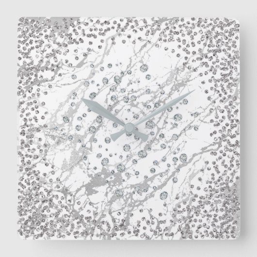 Silver Grey Diamond Crystals Marble White Strokes Vierkante Klok (Voorkant)