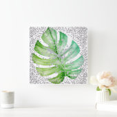 Silver Grey Diamond Crystals White Monstera Leaf Vierkante Klok (Huis)