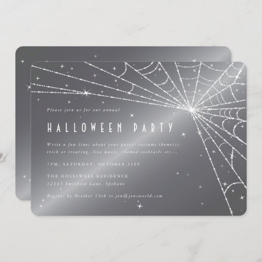 Silver-Grey Diamond Spider Web Halloween Party Kaart (Voorkant / Achterkant)
