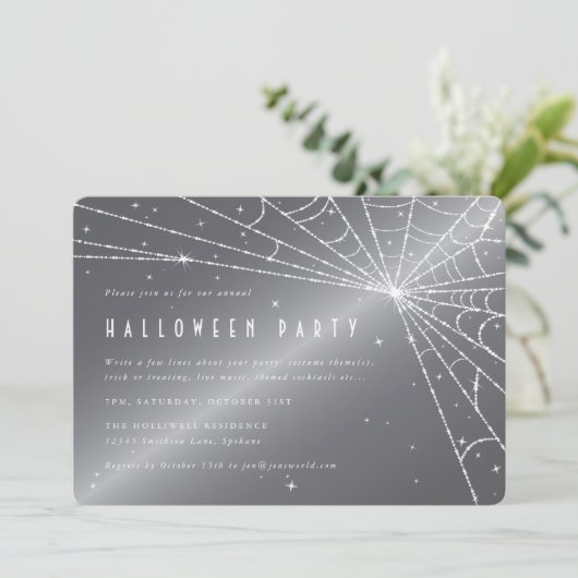 Silver-Grey Diamond Spider Web Halloween Party Kaart (Staand voorkant)