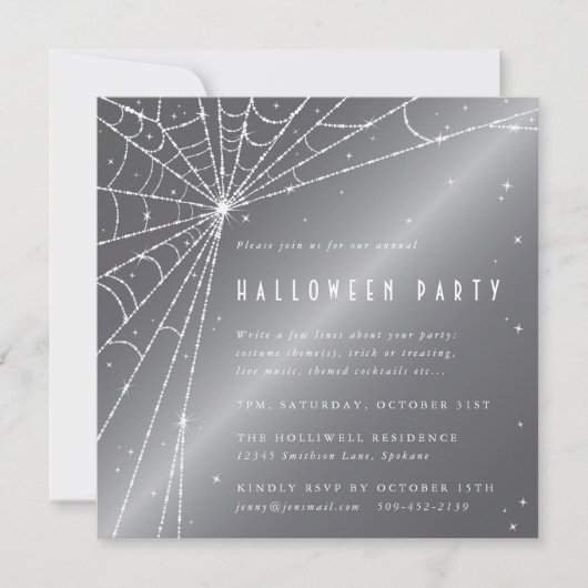 Silver-Grey Diamond Spider Web Halloween Party Kaart (Voorkant)