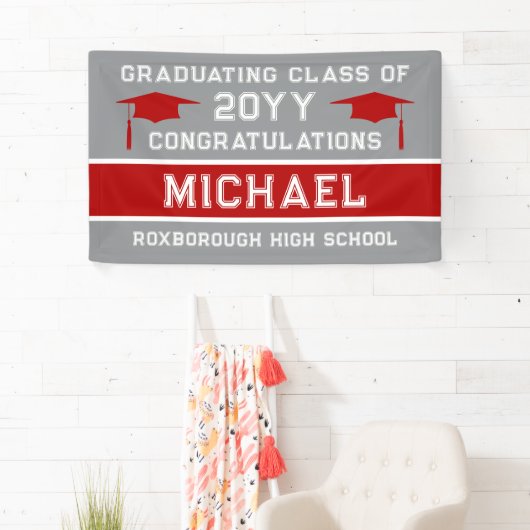 Silver Grey en Red School Kleuren Afstuderen Spandoek (Insitu)