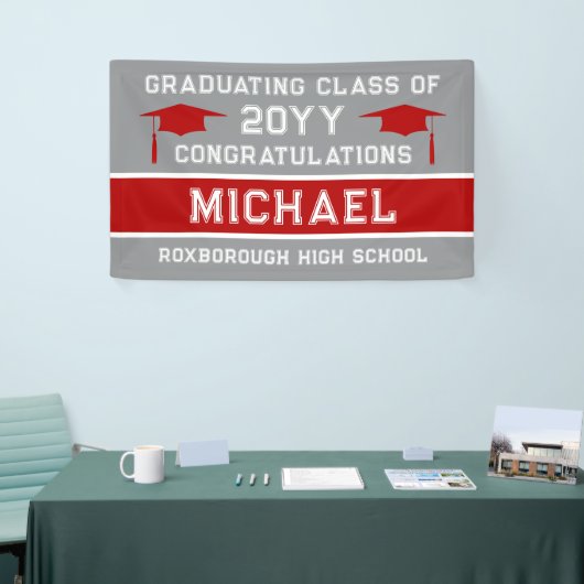 Silver Grey en Red School Kleuren Afstuderen Spandoek (Beurs)