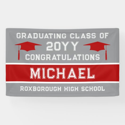 Silver Grey en Red School Kleuren Afstuderen Spandoek (Horizontaal)