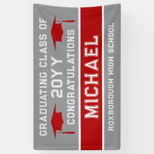 Silver Grey en Red School Kleuren Afstuderen Spandoek (Verticaal)