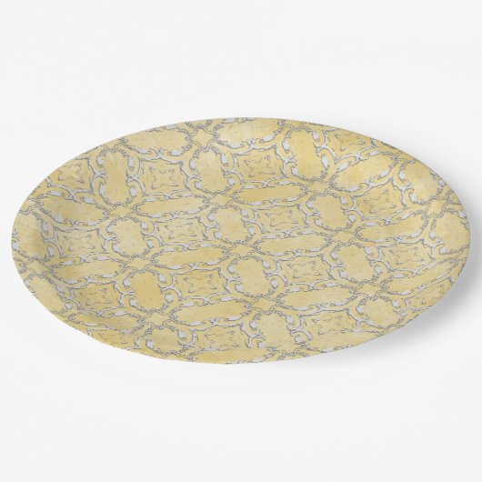 Silver Grey en Yellow Metallic Filigree Pattern Papieren Bordje (Gekanteld)