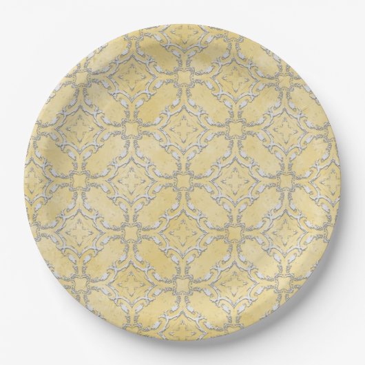 Silver Grey en Yellow Metallic Filigree Pattern Papieren Bordje (Voorkant)