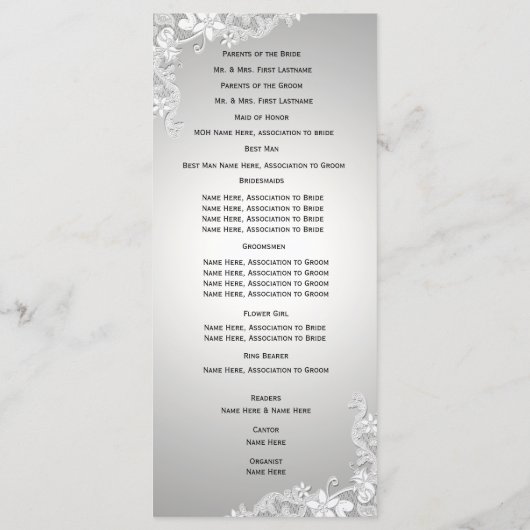 Silver Grey  Floral Lace Wedding Programme Programmakaart (Achterkant)