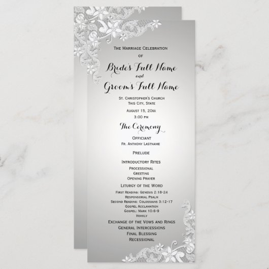 Silver Grey  Floral Lace Wedding Programme Programmakaart (Voorkant / Achterkant)
