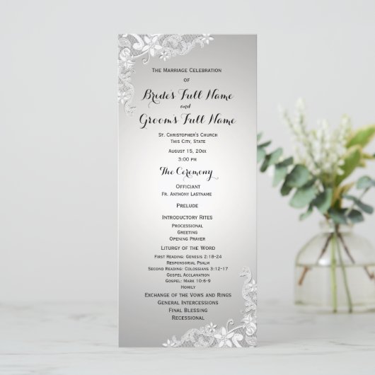 Silver Grey Floral Lace Wedding Programme Programmakaart (Staand voorkant)