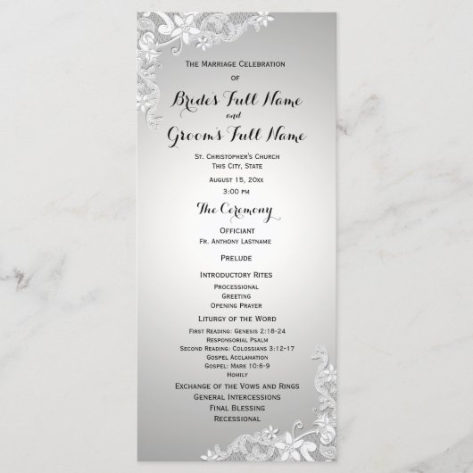 Silver Grey  Floral Lace Wedding Programme Programmakaart (Voorkant)