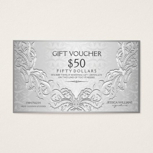 Silver Grey Floral Lijst cadeaubon Visitekaartje (Voorkant)