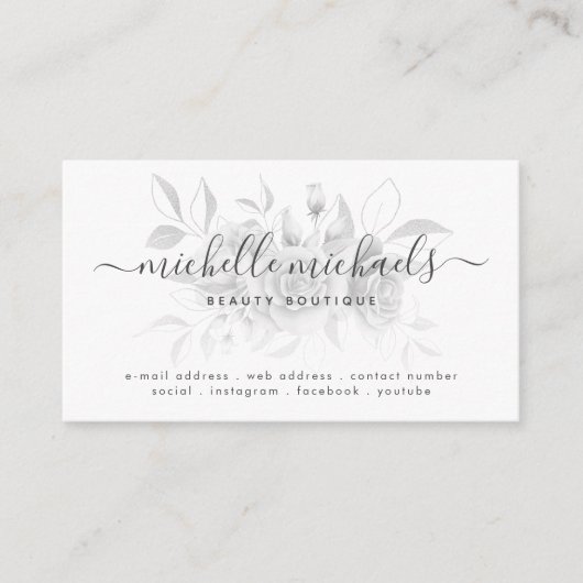 Silver Grey Floral Minimal Script Modern  Visitekaartje (Voorkant)
