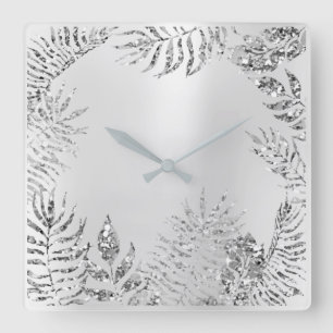 Silver Grey Floral Palm Monochrom Metallic Glitter Vierkante Klok
