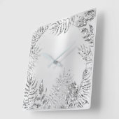 Silver Grey Floral Palm Monochrom Metallic Glitter Vierkante Klok (Hoek)