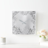 Silver Grey Floral Palm Monochrom Metallic Glitter Vierkante Klok (Huis)