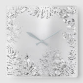 Silver Grey Floral Palm Monochrom Metallic Steel Vierkante Klok (Voorkant)