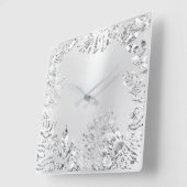 Silver Grey Floral Palm Monochrom Metallic Steel Vierkante Klok (Hoek)