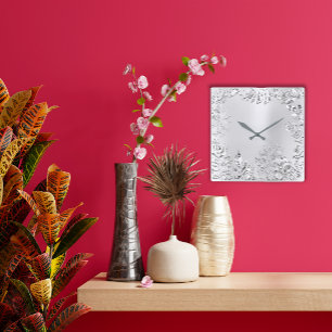 Silver Grey Floral Palm Monochrom Metallic Steel Vierkante Klok