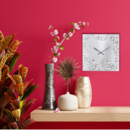 Silver Grey Floral Palm Monochrom Metallic Steel Vierkante Klok