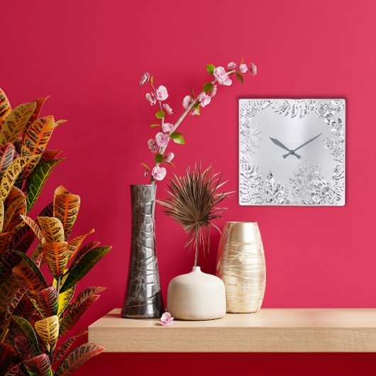 Silver Grey Floral Palm Monochrom Metallic Steel Vierkante Klok