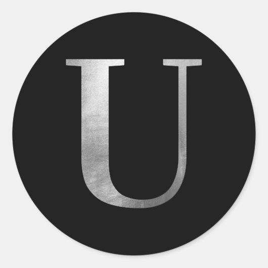 Silver Grey Folie Monogram U op zwart Ronde Sticker (Voorkant)