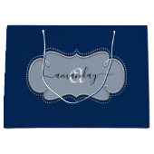 Silver Grey Framed Royal Monogram Name Blue Navy Groot Cadeauzakje (Voorkant)