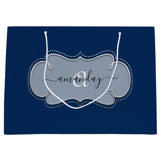 Silver Grey Framed Royal Monogram Name Blue Navy Groot Cadeauzakje (Voorkant)