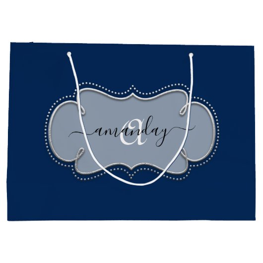 Silver Grey Framed Royal Monogram Name Blue Navy Groot Cadeauzakje (Achterkant)