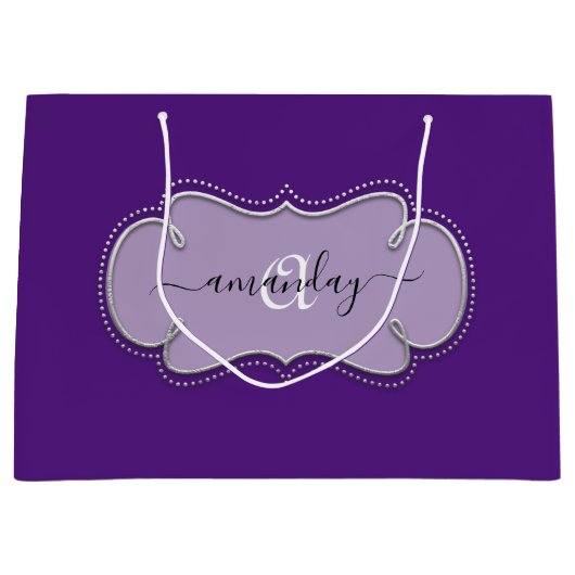Silver Grey Framed Royal Monogram Name Paars Plum Groot Cadeauzakje (Voorkant)