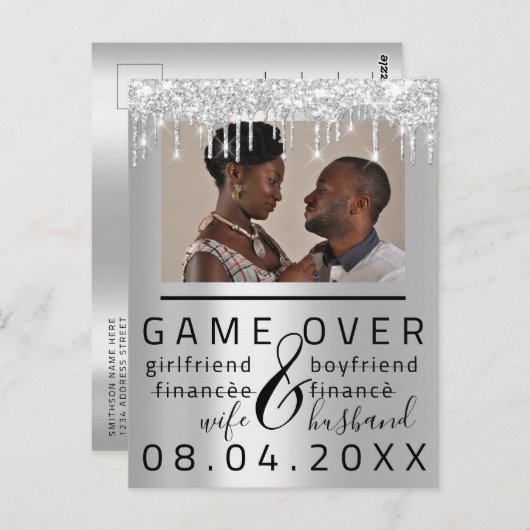 Silver Grey Funny Save the Date Couple Photo Briefkaart (Voorkant / Achterkant)