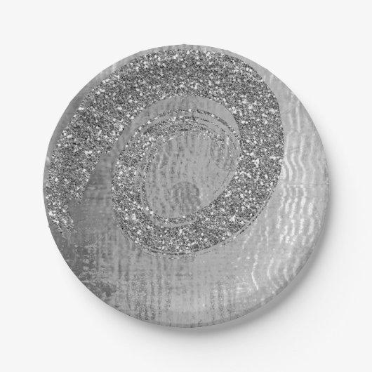 Silver Grey Glam Abstract Grafiet Spiral Glitter Papieren Bordje (Voorkant)