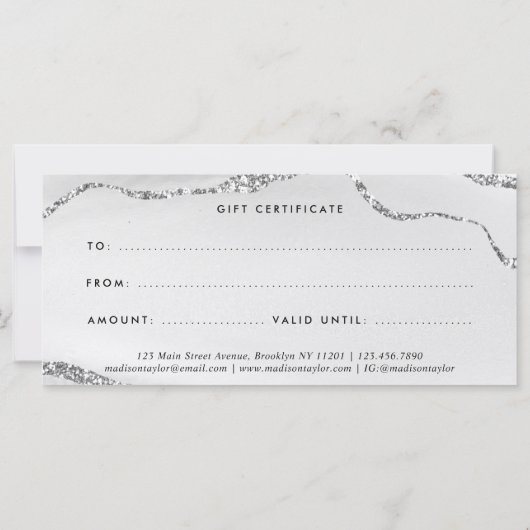Silver Grey Glitter Agaat Certificaat Gift Kaart (Achterkant)