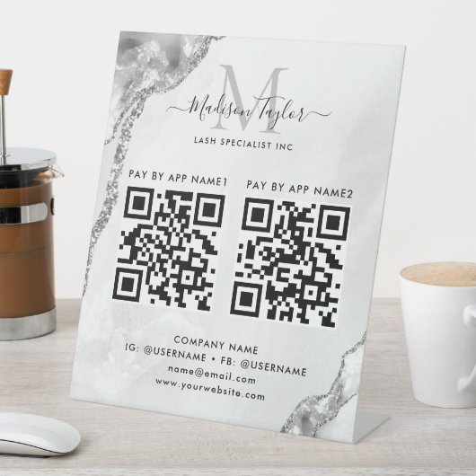 Silver Grey Glitter Agaat Monogram Scan om te Beta Reclamebord Met Voetstuk (Insitu)
