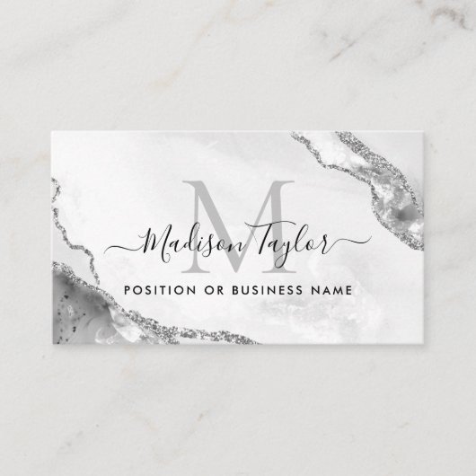 Silver Grey Glitter Agate Custom Logo Monogram Visitekaartje (Voorkant)