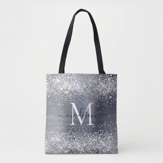 Silver Grey Glitter Brushed Metal Monogram Script Tote Bag (Voorkant)