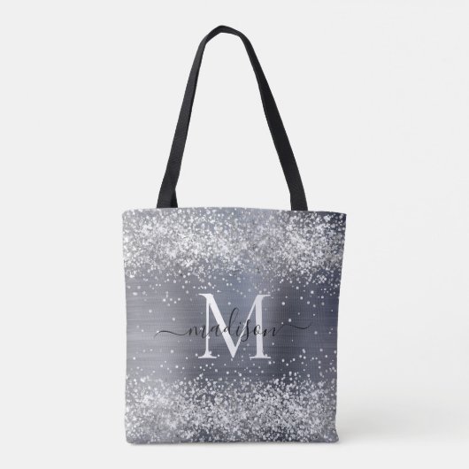 Silver Grey Glitter Brushed Metal Monogram Script Tote Bag (Achterkant)