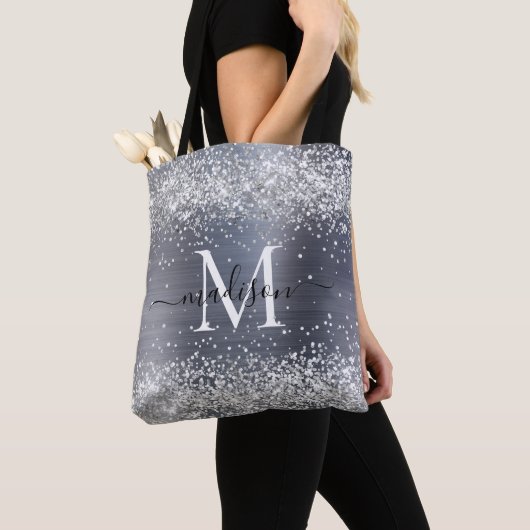 Silver Grey Glitter Brushed Metal Monogram Script Tote Bag (Dichtbij)