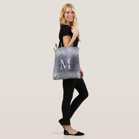Silver Grey Glitter Brushed Metal Monogram Script Tote Bag (Op model)