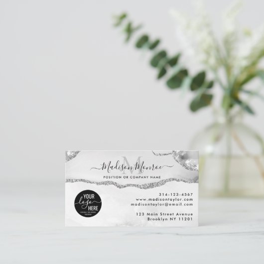 Silver Grey Glitter Custom Logo Agaat Monogram Visitekaartje (Staand voorkant)