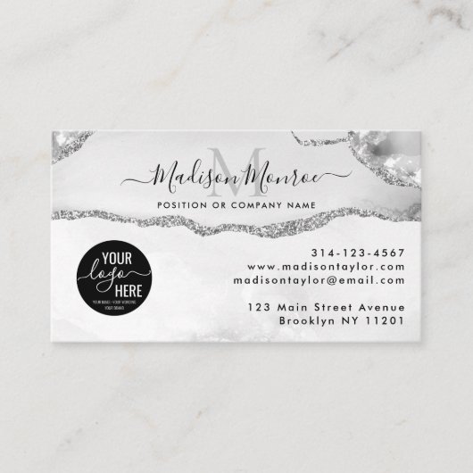 Silver Grey Glitter Custom Logo Agaat Monogram Visitekaartje (Voorkant)
