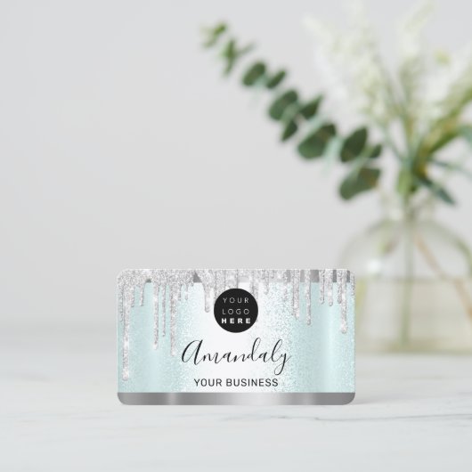 Silver Grey Glitter Drift Lijst Qr Code Logo Aqua Visitekaartje (Staand voorkant)