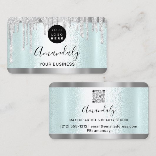 Silver Grey Glitter Drift Lijst Qr Code Logo Aqua Visitekaartje (Voorkant / Achterkant)