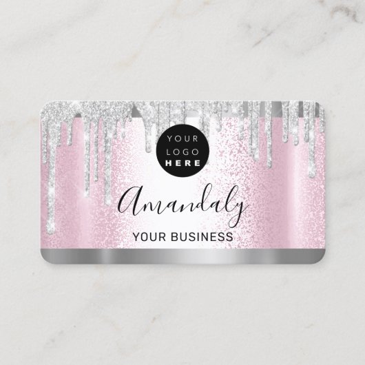 Silver Grey Glitter Drift Lijst Qr Code Logo Roze Visitekaartje (Voorkant)