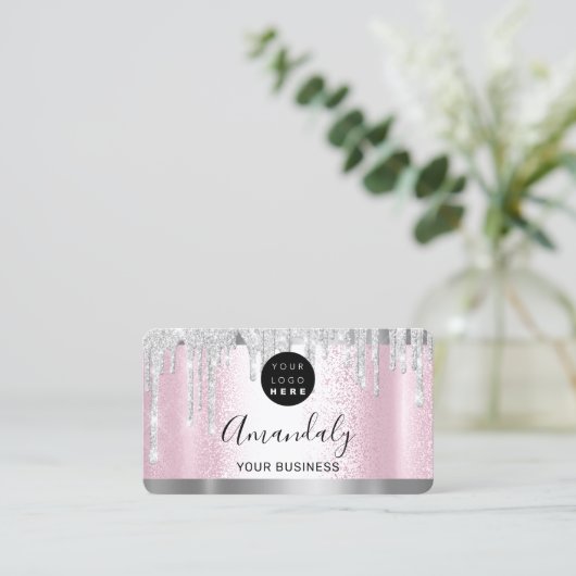 Silver Grey Glitter Drift Lijst Qr Code Logo Roze Visitekaartje (Staand voorkant)