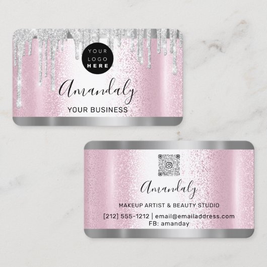 Silver Grey Glitter Drift Lijst Qr Code Logo Roze Visitekaartje (Voorkant / Achterkant)