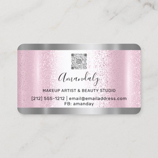 Silver Grey Glitter Drift Lijst Qr Code Logo Roze Visitekaartje (Achterkant)