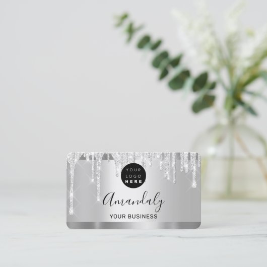 Silver Grey Glitter Drift Lijst Qr Code Logo Visitekaartje (Staand voorkant)